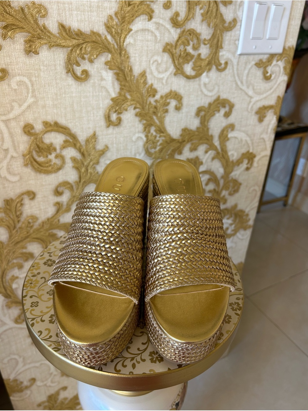 Guess Metallic Gold Woven Platform Slide Mules